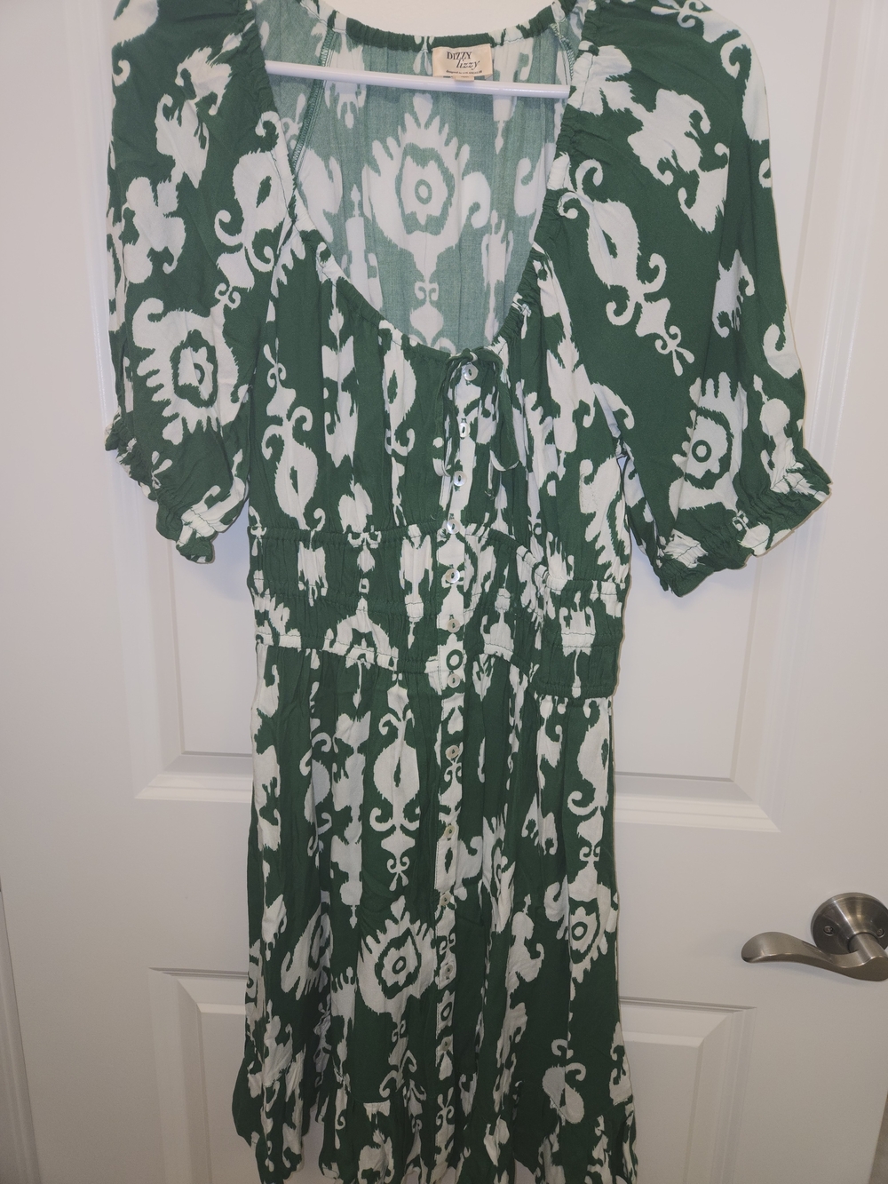 Tie-Front Green & White Printed Midi Dress by Izzy & Liv